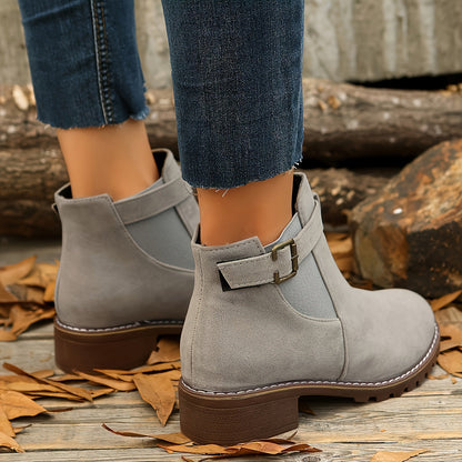 Stylish Chelsea Ankle Boots for Women with Buckle Strap Stacked Heel Almond Toe Style