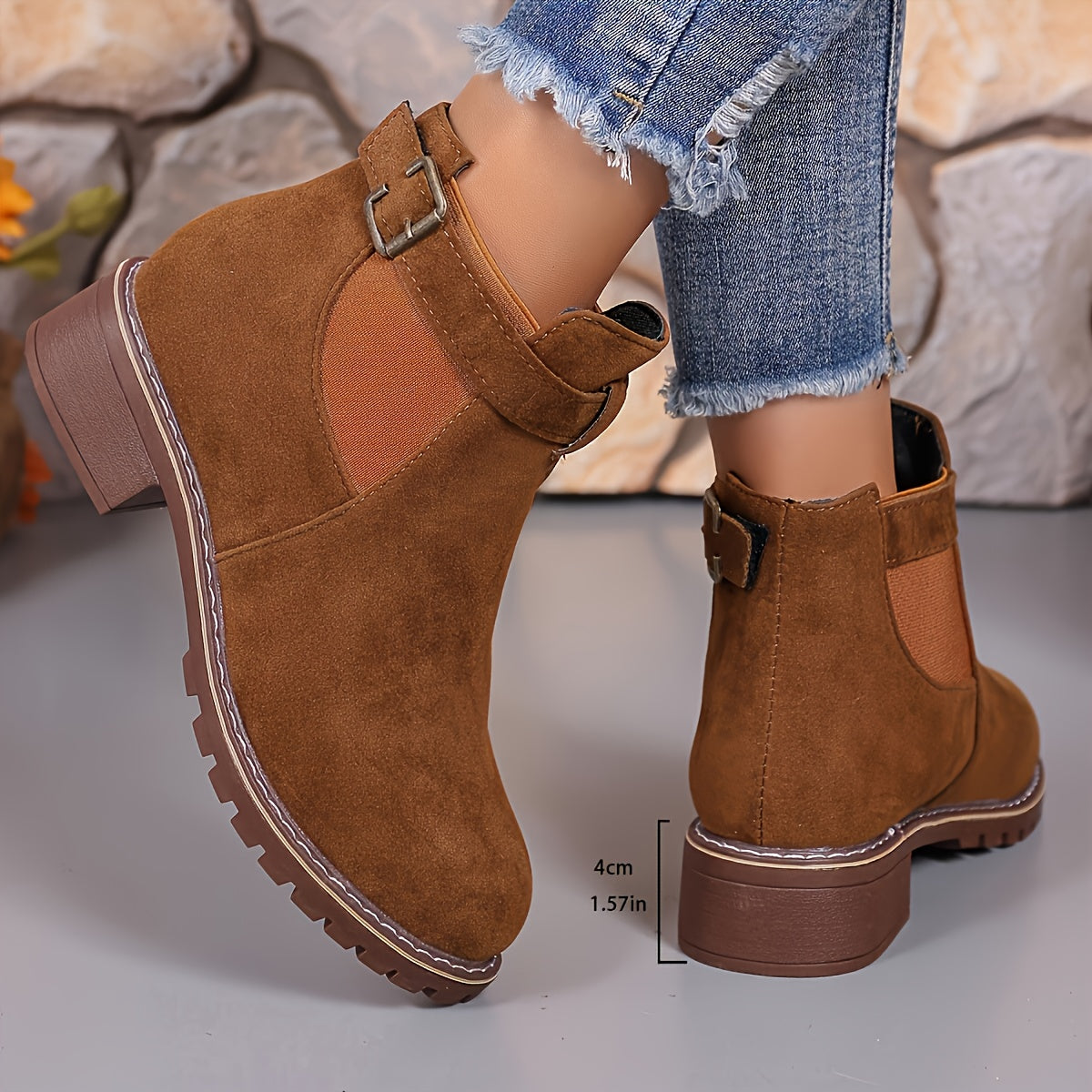Stylish Chelsea Ankle Boots for Women with Buckle Strap Stacked Heel Almond Toe Style