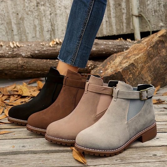 Stylish Chelsea Ankle Boots for Women with Buckle Strap Stacked Heel Almond Toe Style