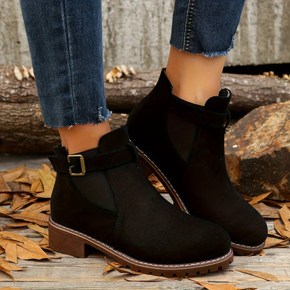 Stylish Chelsea Ankle Boots for Women with Buckle Strap Stacked Heel Almond Toe Style