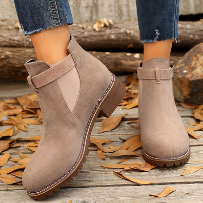 Stylish Chelsea Ankle Boots for Women with Buckle Strap Stacked Heel Almond Toe Style