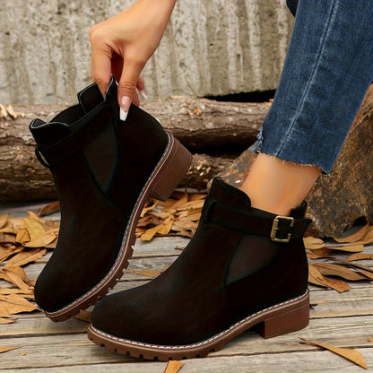 Stylish Chelsea Ankle Boots for Women with Buckle Strap Stacked Heel Almond Toe Style