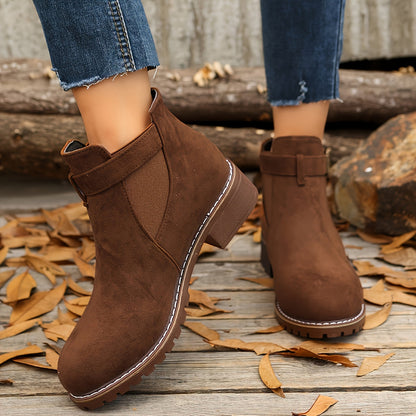 Stylish Chelsea Ankle Boots for Women with Buckle Strap Stacked Heel Almond Toe Style