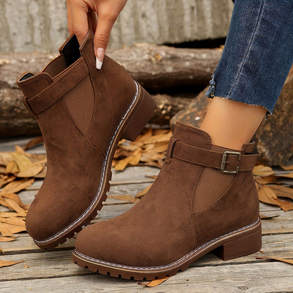 Stylish Chelsea Ankle Boots for Women with Buckle Strap Stacked Heel Almond Toe Style