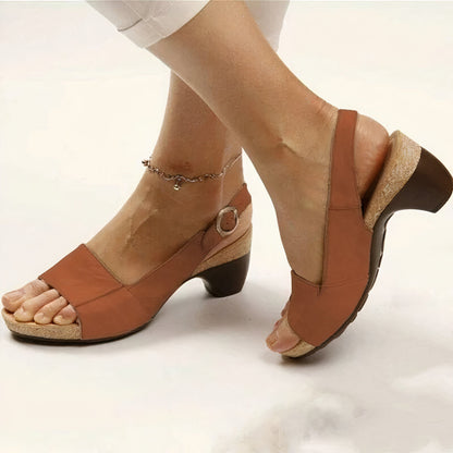 Comfortable Faux Leather Slingback Sandal for Women with Open Toe Ankle Strap Cork Wedge Heel Style