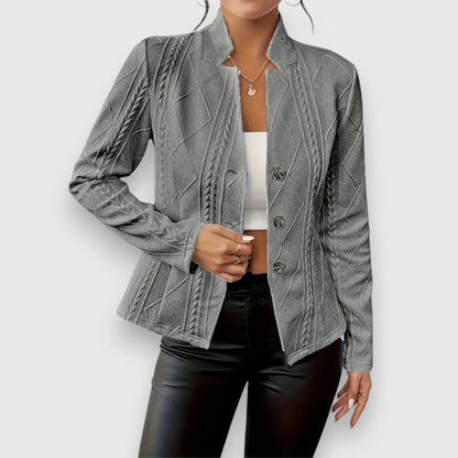 Elegant Cable Knit Blazer for Women with Stand Collar Long Sleeve Button Front Fitted Style