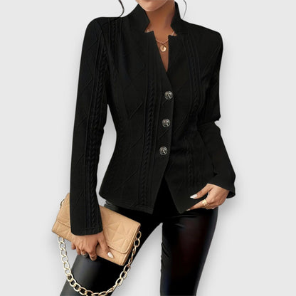 Elegant Cable Knit Blazer for Women with Stand Collar Long Sleeve Button Front Fitted Style