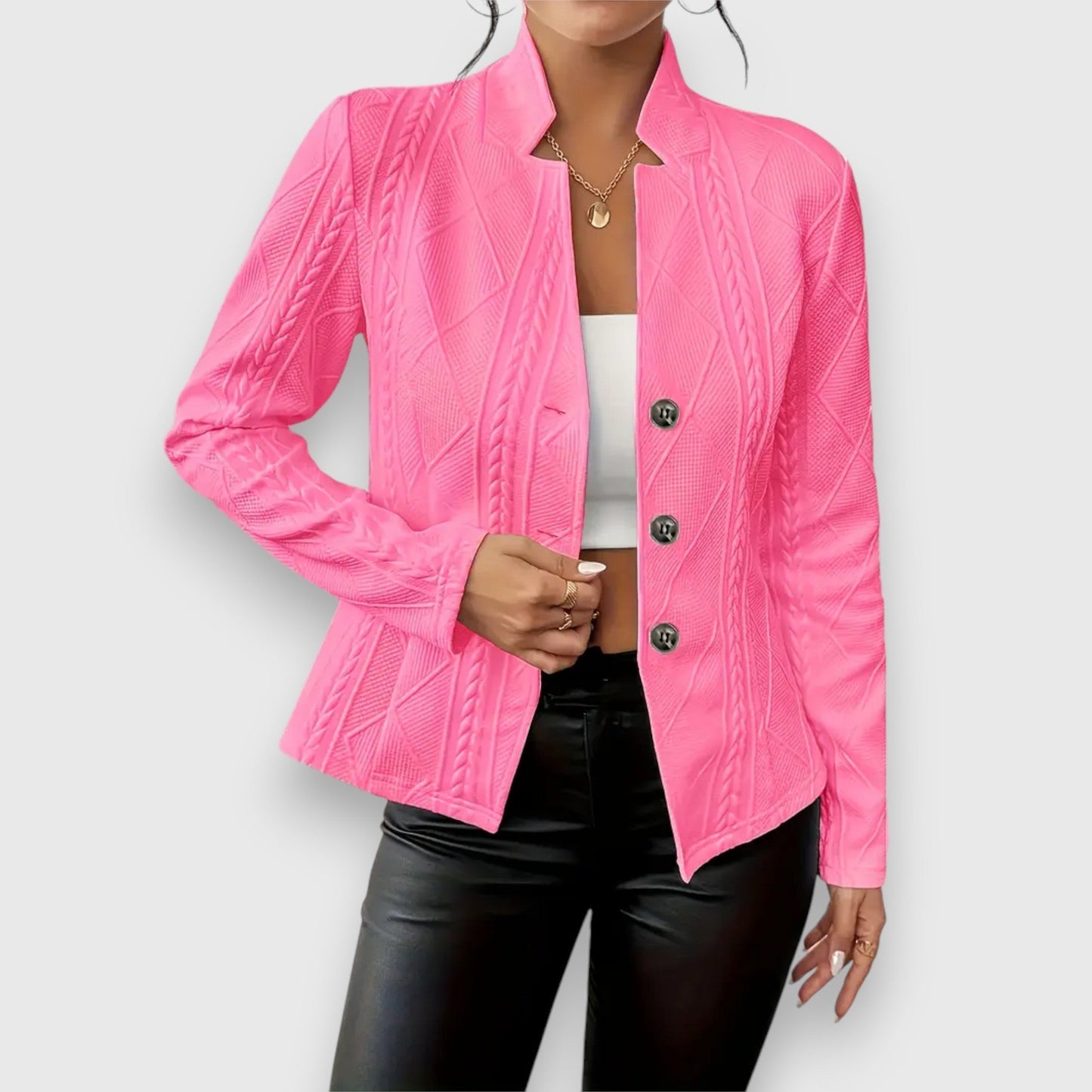 Elegant Cable Knit Blazer for Women with Stand Collar Long Sleeve Button Front Fitted Style