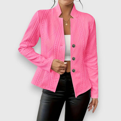 Elegant Cable Knit Blazer for Women with Stand Collar Long Sleeve Button Front Fitted Style