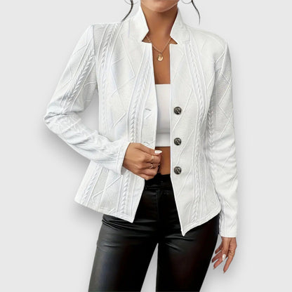 Elegant Cable Knit Blazer for Women with Stand Collar Long Sleeve Button Front Fitted Style