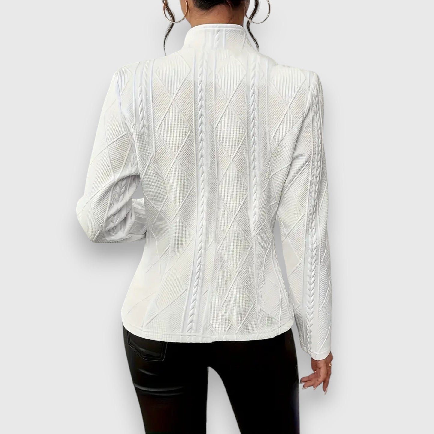 Elegant Cable Knit Blazer for Women with Stand Collar Long Sleeve Button Front Fitted Style