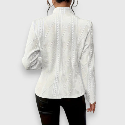 Elegant Cable Knit Blazer for Women with Stand Collar Long Sleeve Button Front Fitted Style