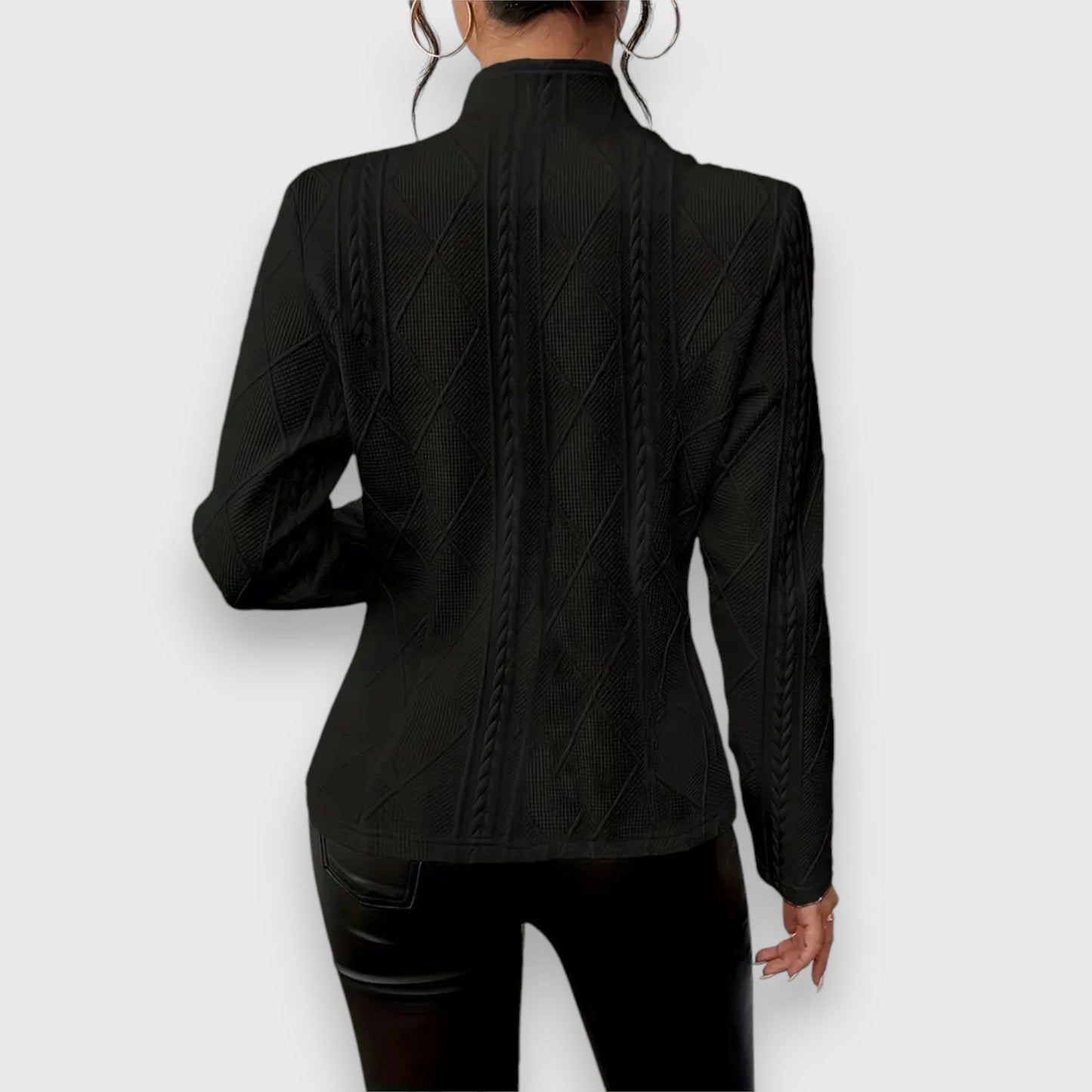 Elegant Cable Knit Blazer for Women with Stand Collar Long Sleeve Button Front Fitted Style