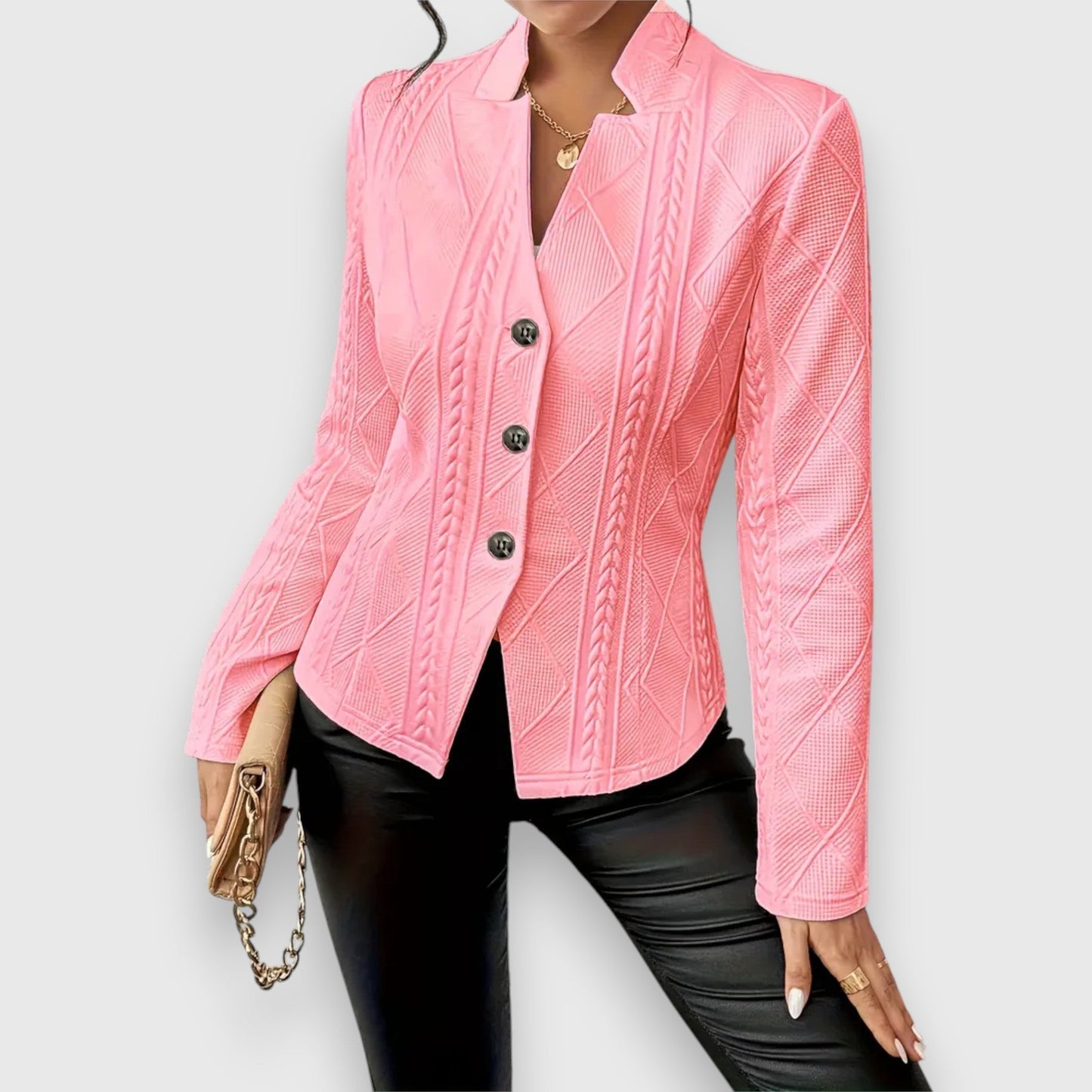 Elegant Cable Knit Blazer for Women with Stand Collar Long Sleeve Button Front Fitted Style