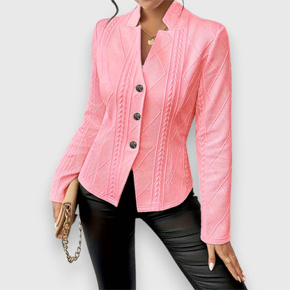 Elegant Cable Knit Blazer for Women with Stand Collar Long Sleeve Button Front Fitted Style