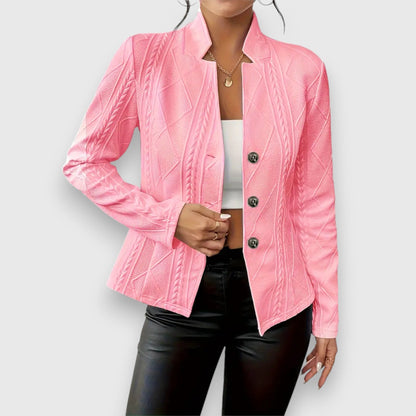Elegant Cable Knit Blazer for Women with Stand Collar Long Sleeve Button Front Fitted Style