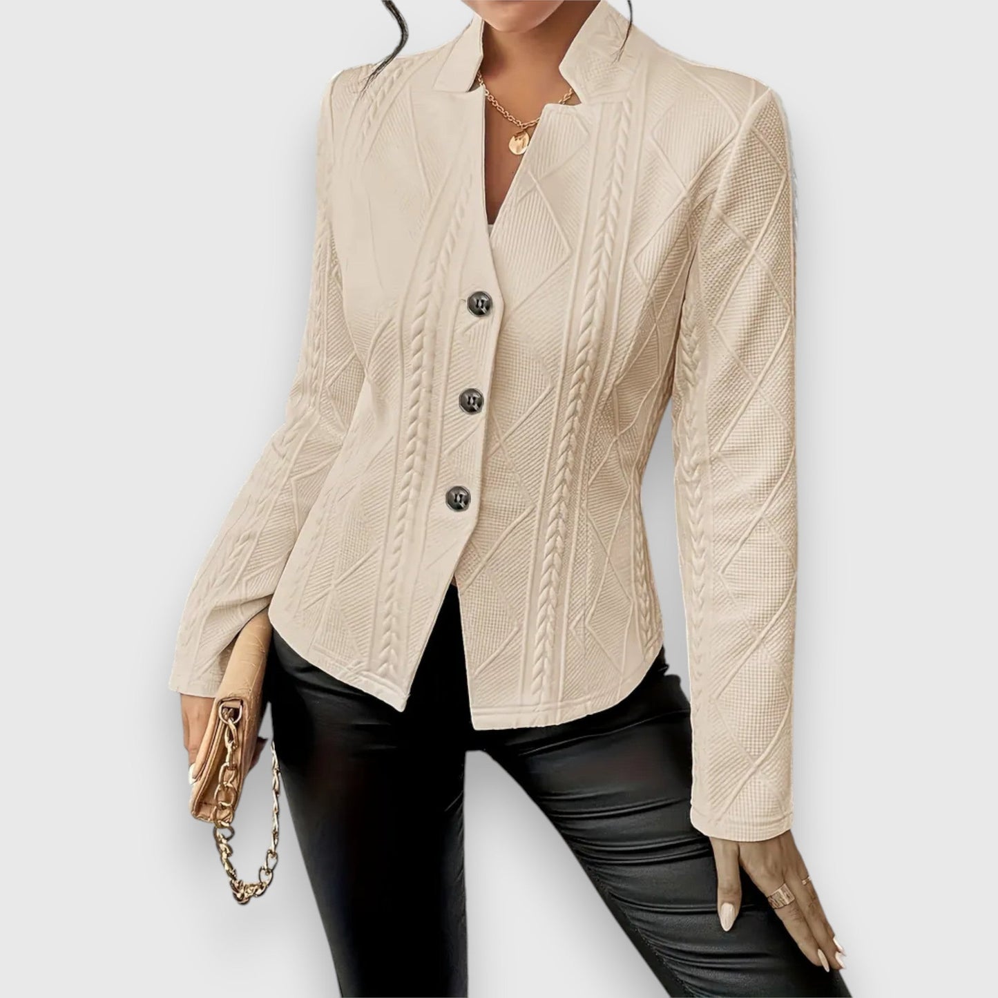 Elegant Cable Knit Blazer for Women with Stand Collar Long Sleeve Button Front Fitted Style