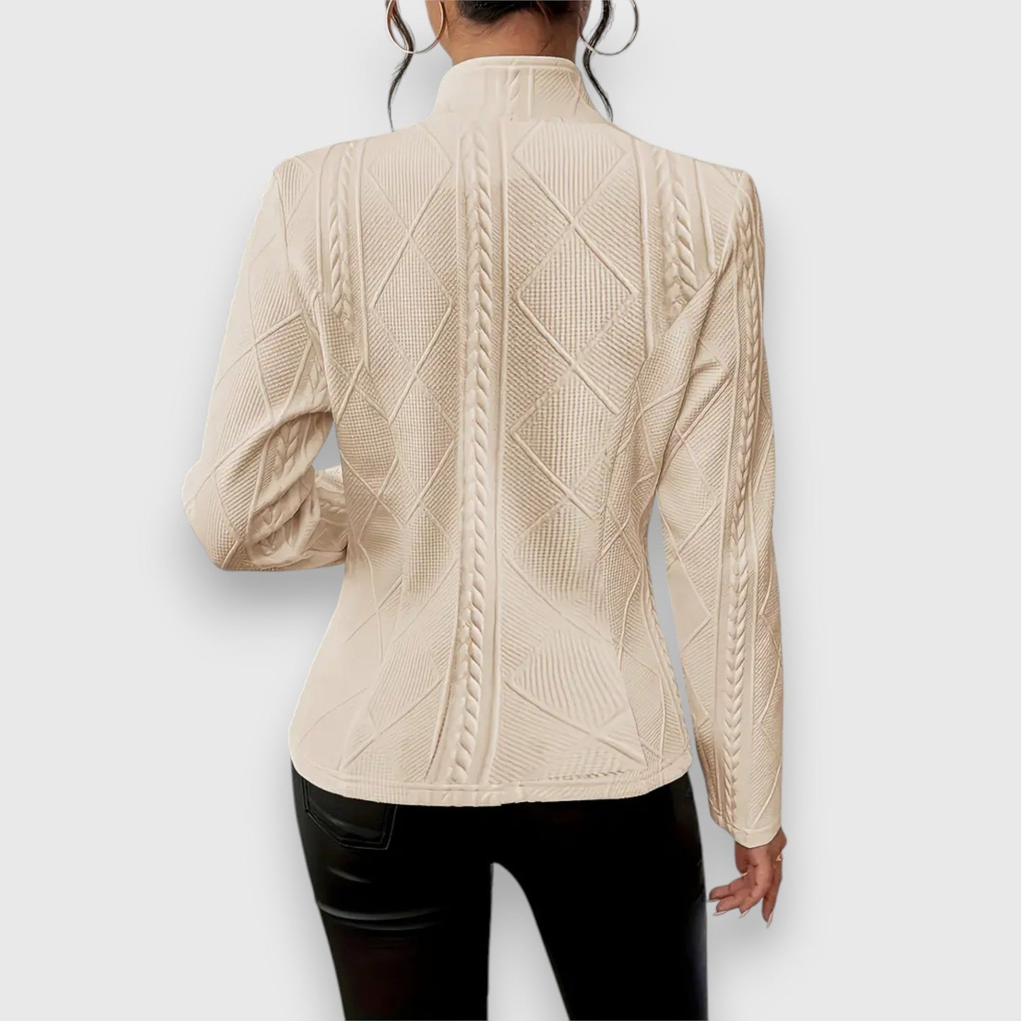 Elegant Cable Knit Blazer for Women with Stand Collar Long Sleeve Button Front Fitted Style