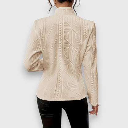 Elegant Cable Knit Blazer for Women with Stand Collar Long Sleeve Button Front Fitted Style