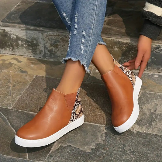 Modern Brown Chelsea Ankle Boots for Women with Snakeskin Print Platform Sole Almond Toe Style