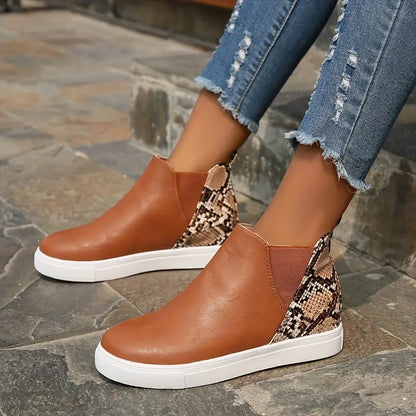 Modern Brown Chelsea Ankle Boots for Women with Snakeskin Print Platform Sole Almond Toe Style