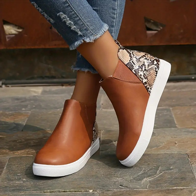 Modern Brown Chelsea Ankle Boots for Women with Snakeskin Print Platform Sole Almond Toe Style