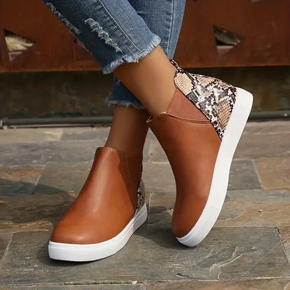 Modern Brown Chelsea Ankle Boots for Women with Snakeskin Print Platform Sole Almond Toe Style