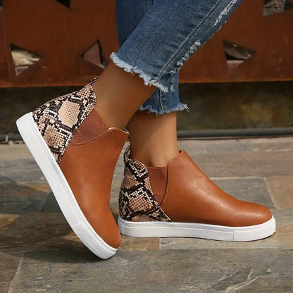 Modern Brown Chelsea Ankle Boots for Women with Snakeskin Print Platform Sole Almond Toe Style
