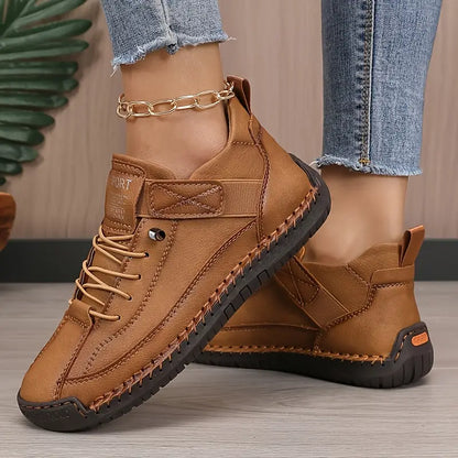 Comfortable Leather Sneakers for Women with Lace Up Velcro Strap Hand Stitched Casual Style