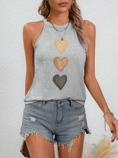 Effortless Heart Print Tank Top for Women with High Neck Sleeveless Racerback Casual Style