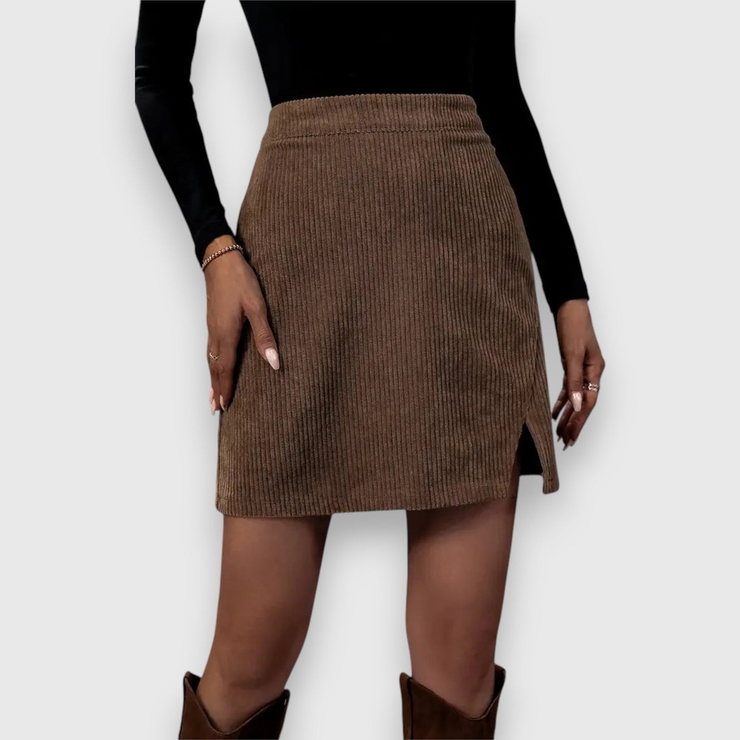 Effortless Brown Corduroy Mini Skirt for Women with High Waist Wrap Front Slit Casual Style