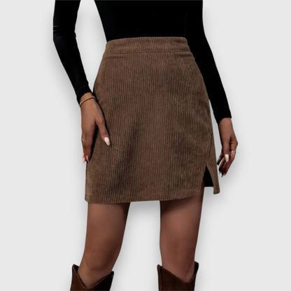 Effortless Brown Corduroy Mini Skirt for Women with High Waist Wrap Front Slit Casual Style