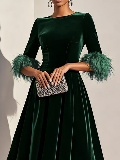 Effortless Velvet Semi Formal Dress for Women with Round Neck Feather Trim Sleeve Flared Midi Occasion Style