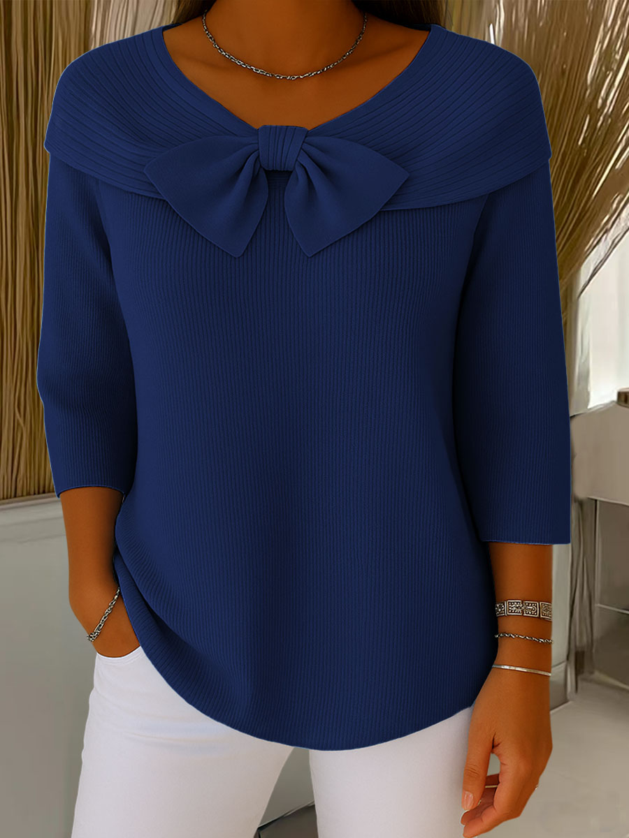 Elegant Bow Collar Sweater for Women with V Neck Elbow Sleeve Ribbed Knit Relaxed Style