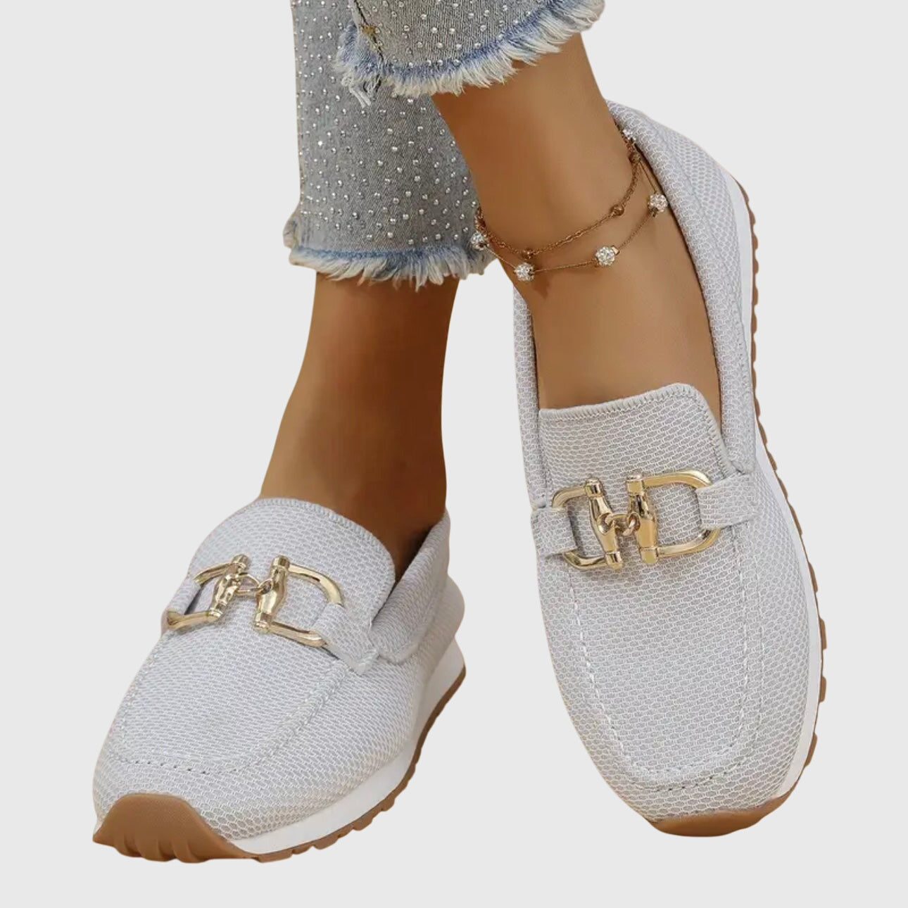 Effortless Knit Mesh Loafer Sneakers for Women with Gold Horsebit Buckle Platform Slip On Style