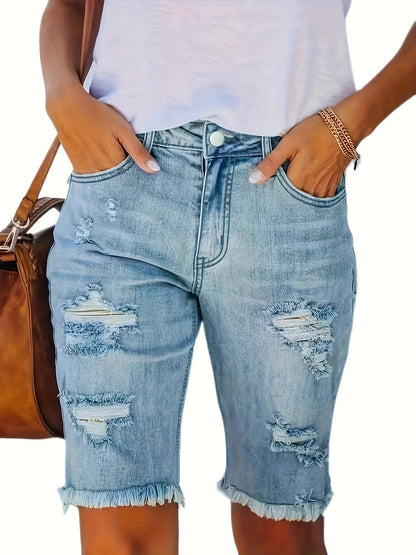 Comfortable Distressed Denim Bermuda Shorts for Women with High Waist Frayed Hem Stretch Casual Style