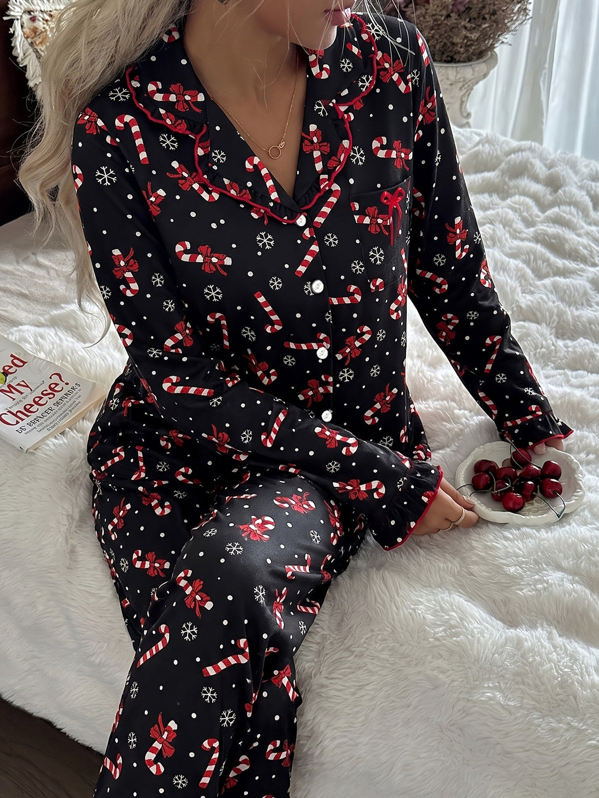 Warm Black Candy Cane Print Christmas Pajamas for Women with Notched Collar Long Sleeve Ruffle Trim Easy Style
