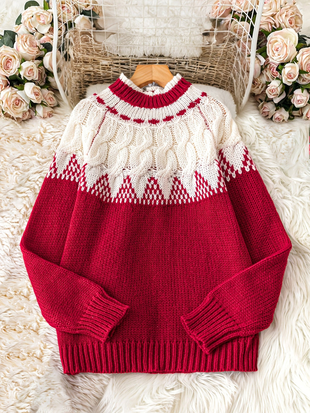 Warm Red Fair Isle Christmas Tacky Sweater for Women with High Neck Long Sleeve Knit Pullover Festive Style