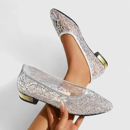 Elegant Lace Mesh Ballet Flat for Women with Pointed Toe Sequin Embellished Block Heel Style