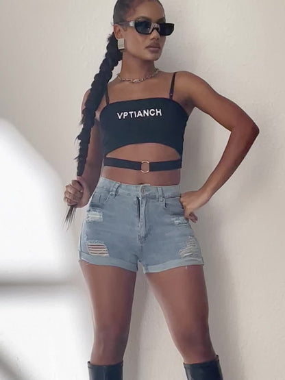 Effortless Distressed Denim Shorts for Women with High Waisted Cuffed Hem Casual Style