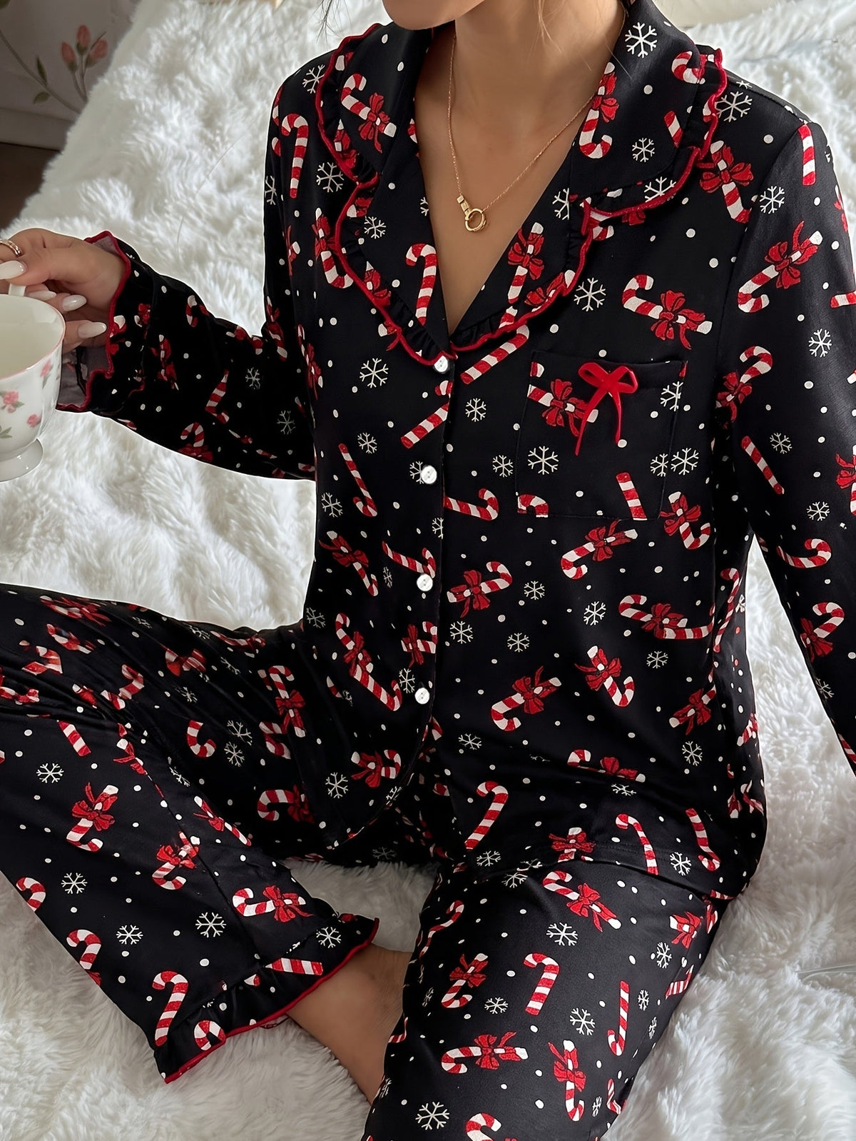 Warm Black Candy Cane Print Christmas Pajamas for Women with Notched Collar Long Sleeve Ruffle Trim Easy Style