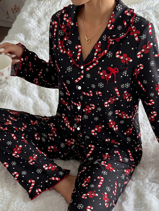 Warm Black Candy Cane Print Christmas Pajamas for Women with Notched Collar Long Sleeve Ruffle Trim Easy Style