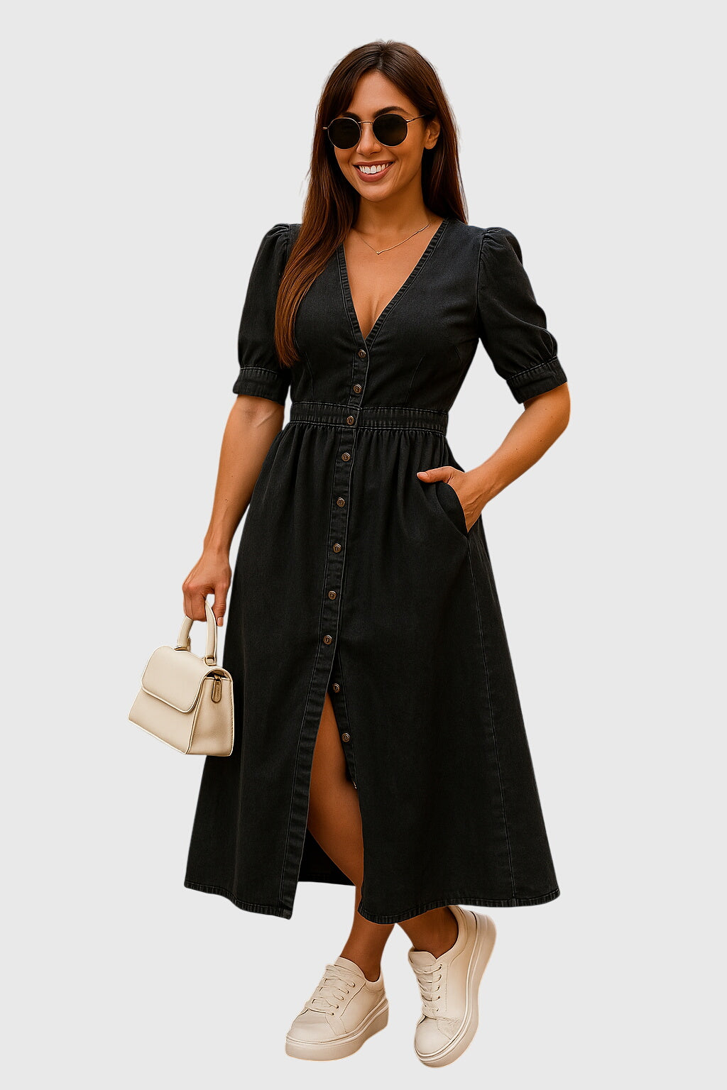 Elegant Button Front Midi Dress for Women with V Neck Puff Sleeve Smocked Waist Flowing Style