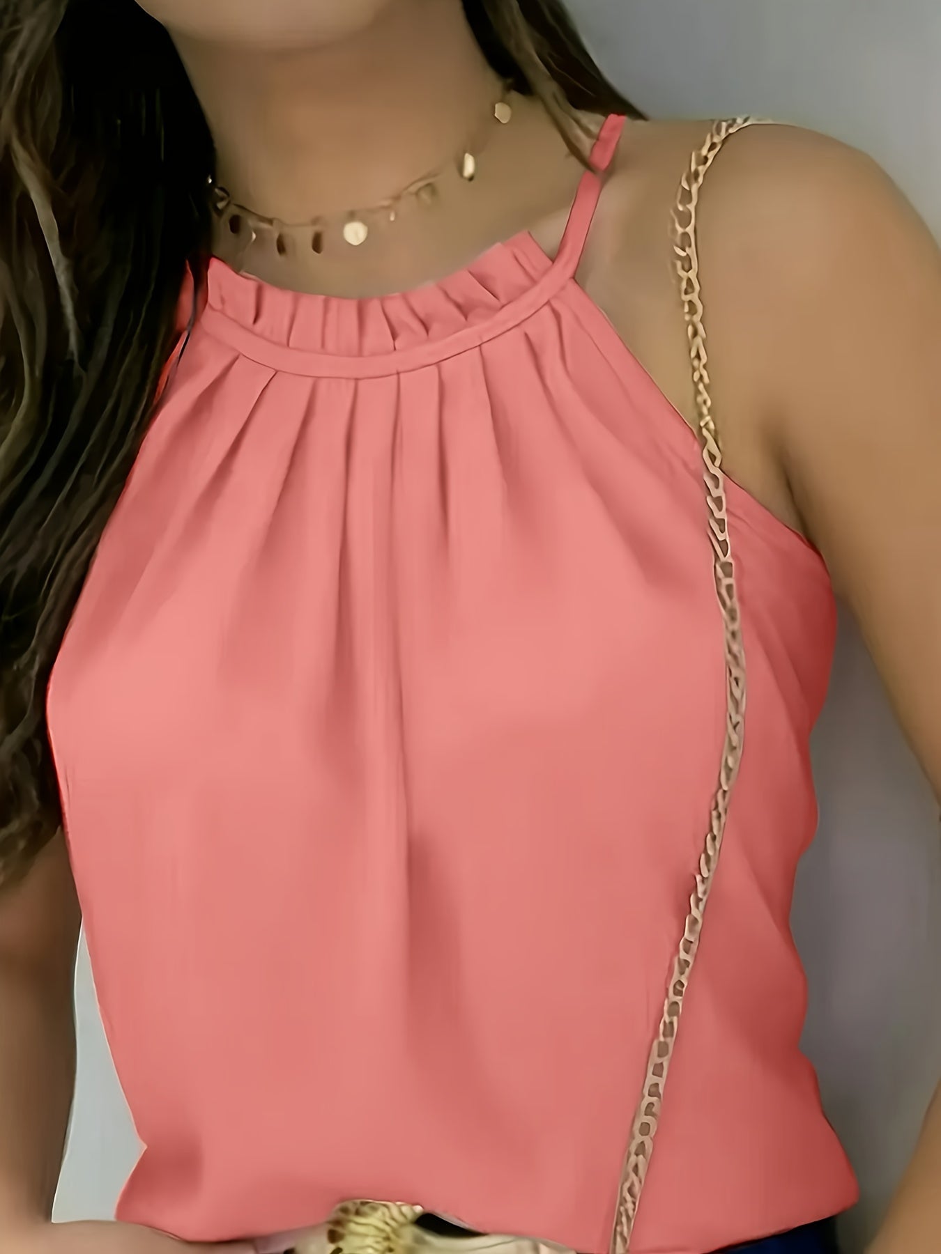 Elegant Satin Halter Top for Women with High Neck Sleeveless Pleated Relaxed Style