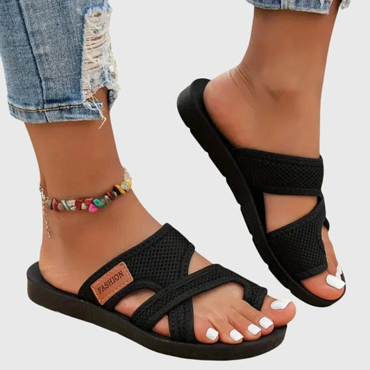 Effortless Mesh Toe Ring Sandal for Women with Crisscross Strap Adjustable Platform Casual Style