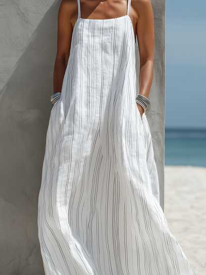 Effortless White Striped Linen Maxi Dress for Women with Square Neck Spaghetti Strap Flowing Bohemian Style