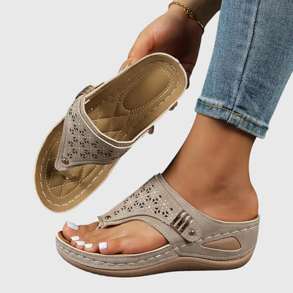 Comfortable Wedge Sandal for Women with Toe Post Buckle Strap Perforated Cushioned Style