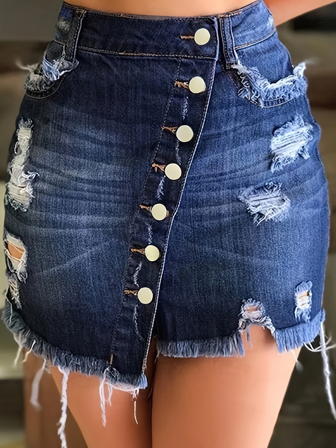 Elegant Blue Distressed Denim Mini Skirt for Women with Button Front Frayed Hem Asymmetrical Style