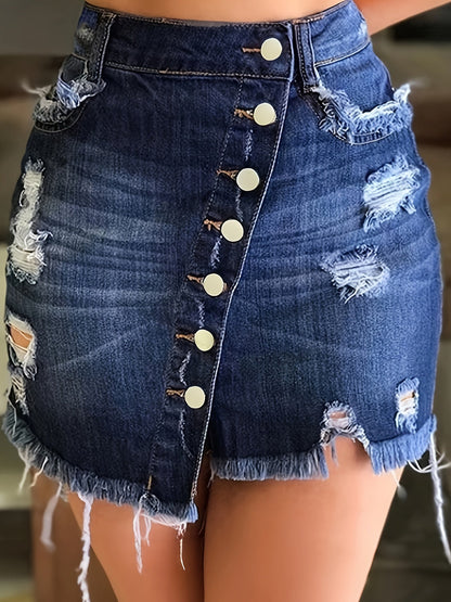 Elegant Blue Distressed Denim Mini Skirt for Women with Button Front Frayed Hem Asymmetrical Style