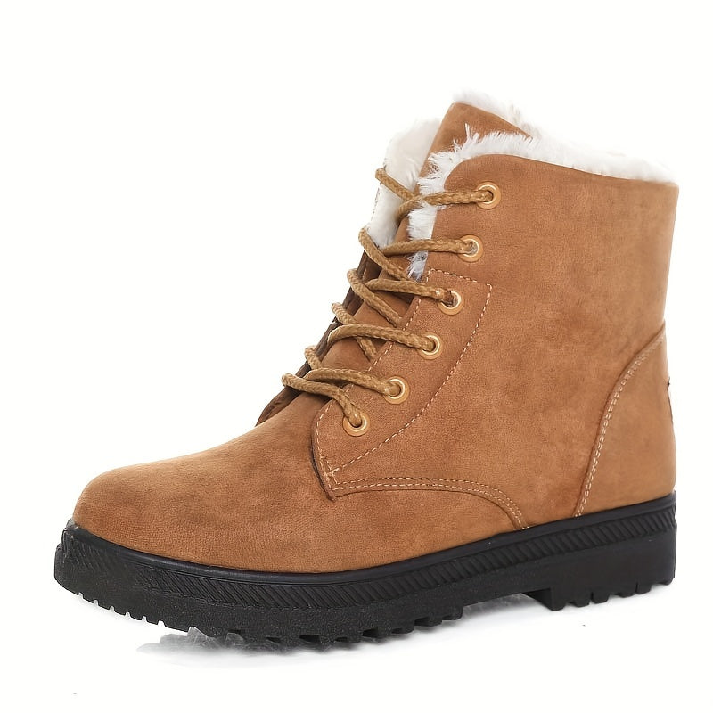 Warm Lace Up Snow Boots for Women with Fleece Cuff Almond Toe Chunky Sole Winter Snowproof Style